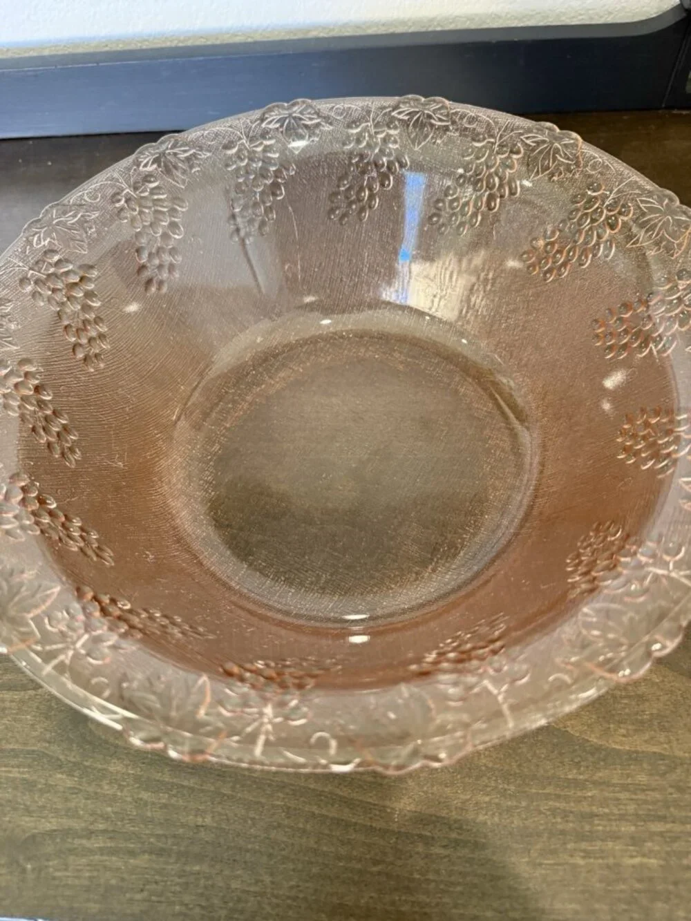 Antique Large Pink Depression Glass Round Fruit Serving Bowl Embossed /Grapes